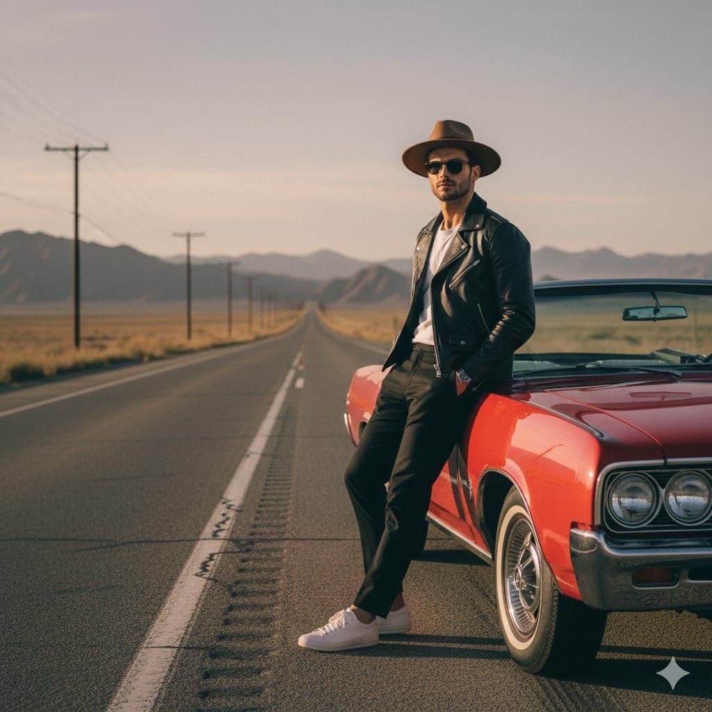 Cinematic Desert Highway Fashion Portrait Prompt — example 1