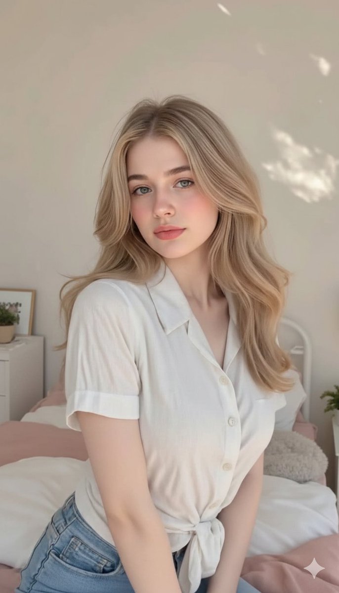 Photorealistic Blonde Woman in Cozy Bedroom Prompt — example 1