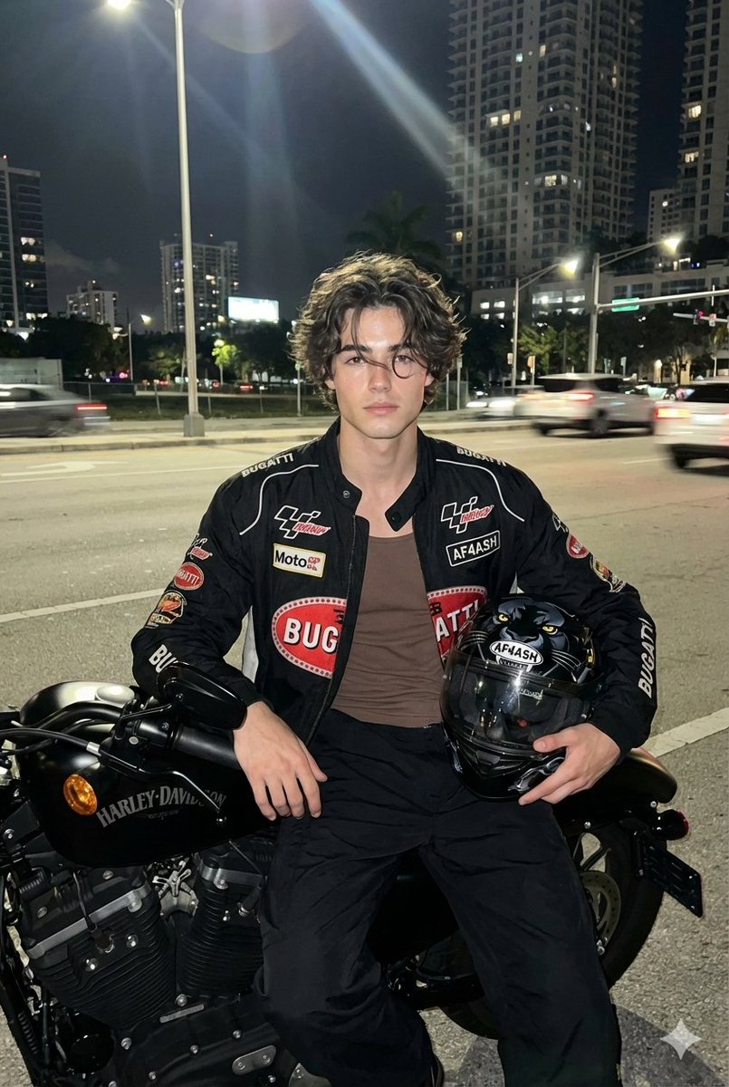 Nighttime Motorcycle Photo with Face Replacement Prompt — example 1