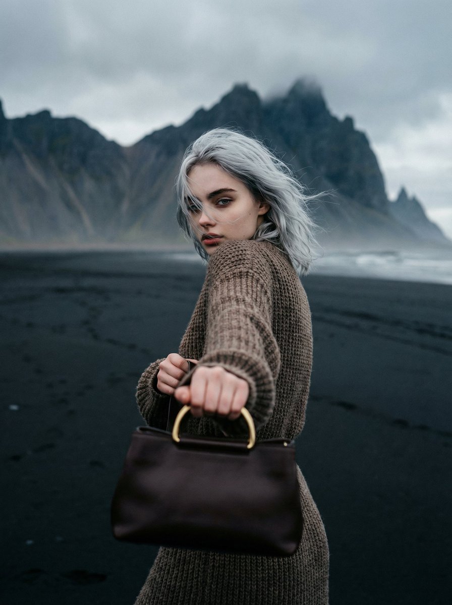 Cinematic Fashion on Black Sand Beach Prompt — example 1