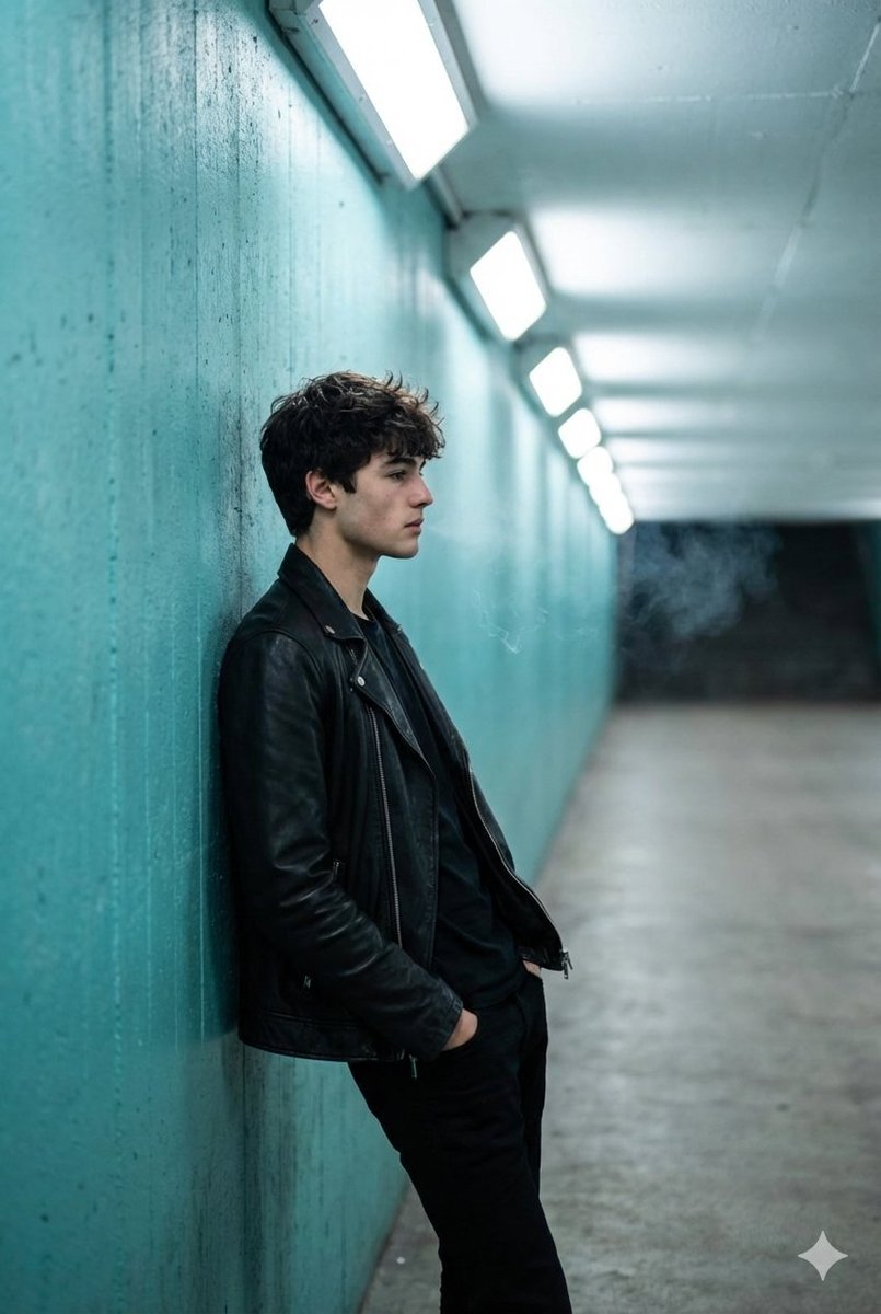 Cinematic Full Shot of a Man in a Turquoise Tunnel — example 1