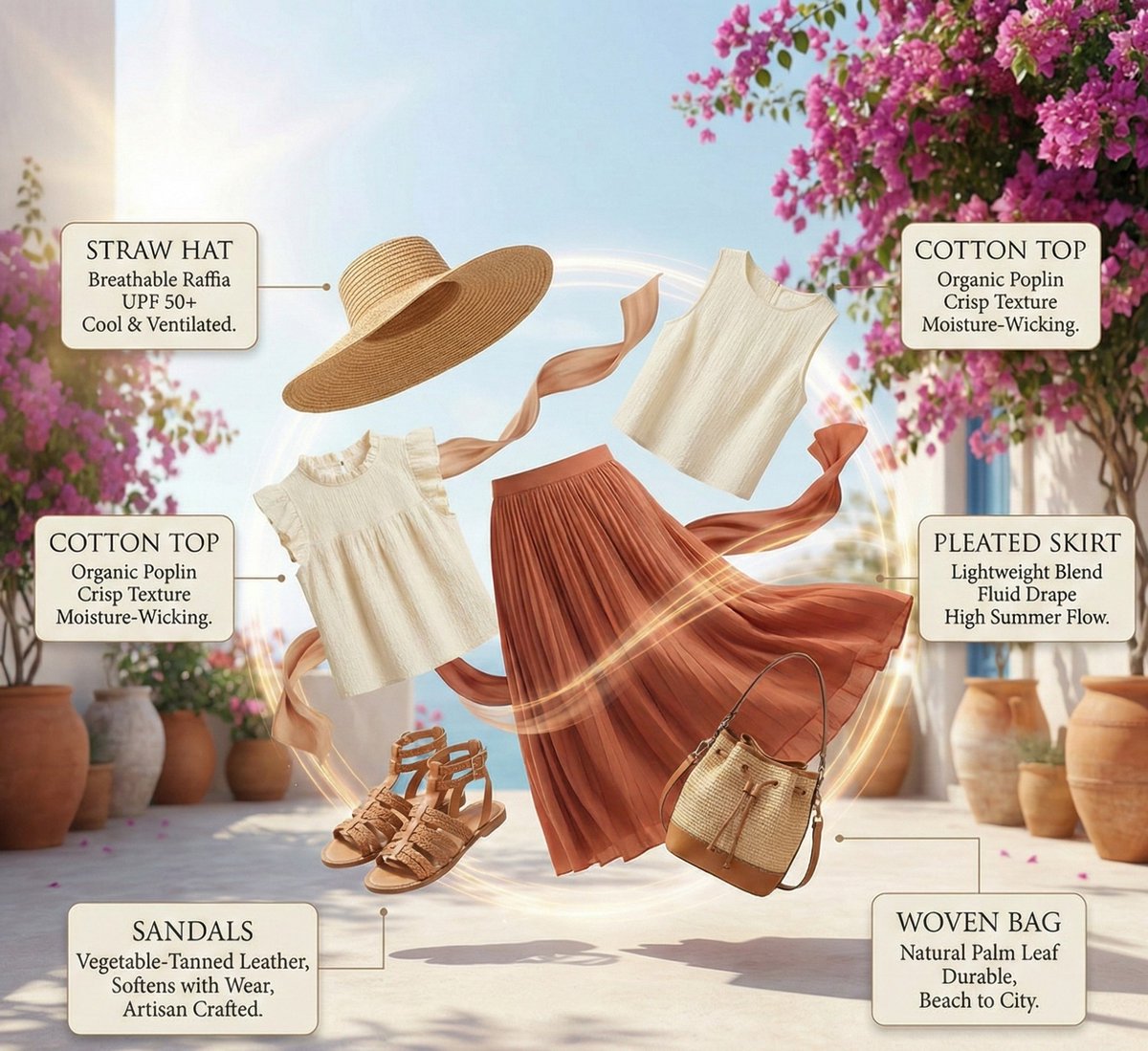 High-Fashion Summer Outfit Infographic with Exploded Composition — example 1