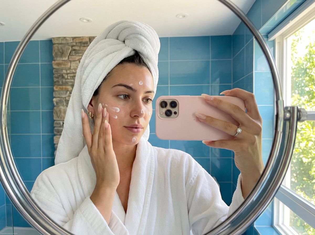 Skincare Mirror Selfie in a Modern Bathroom — example 1