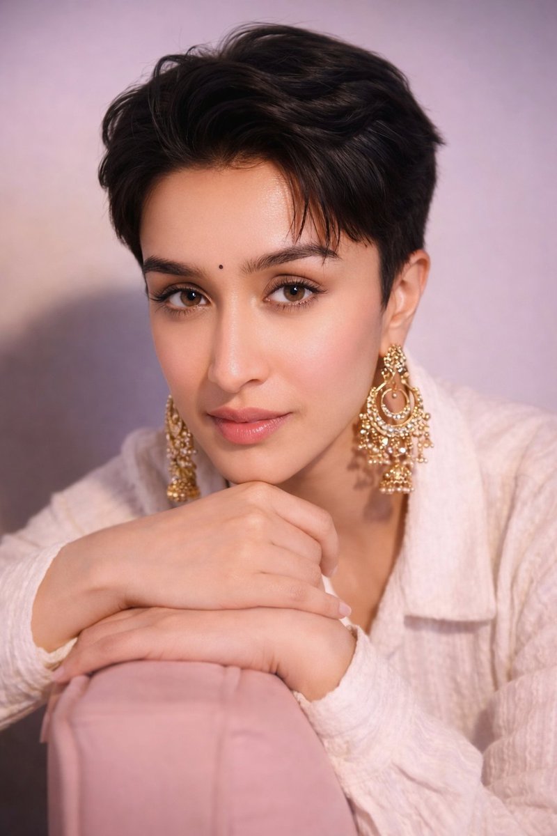 Portrait of Shraddha Kapoor with Pixie Cut and Jhumka Earrings — example 1