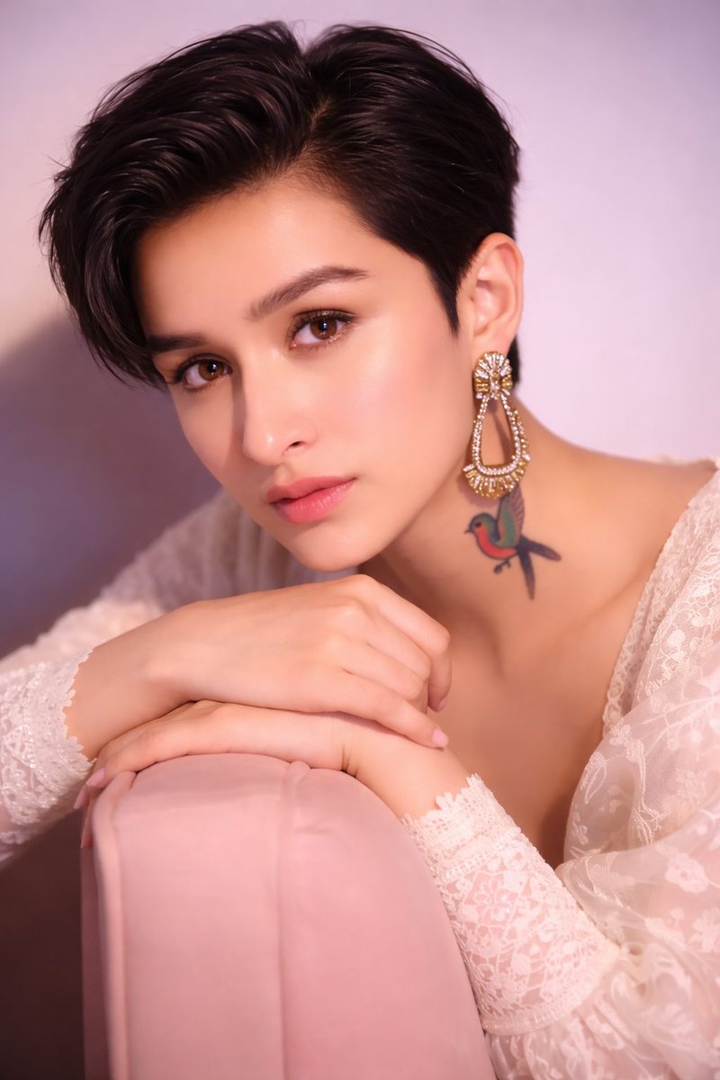 Portrait of Shraddha Kapoor with Pixie Cut and Jhumka Earrings — example 2