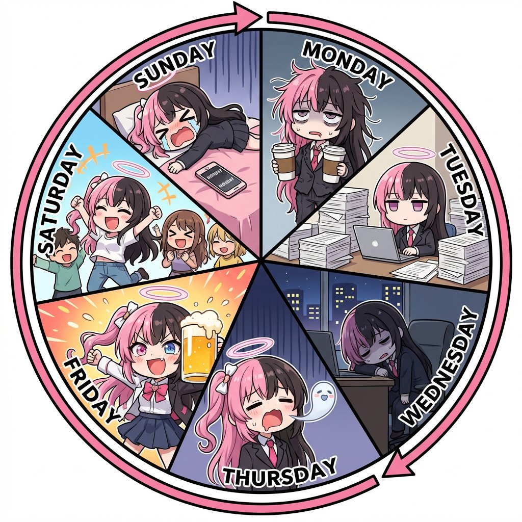 Infographic prompt for 'Monday to Sunday' infinite loop manga — example 1