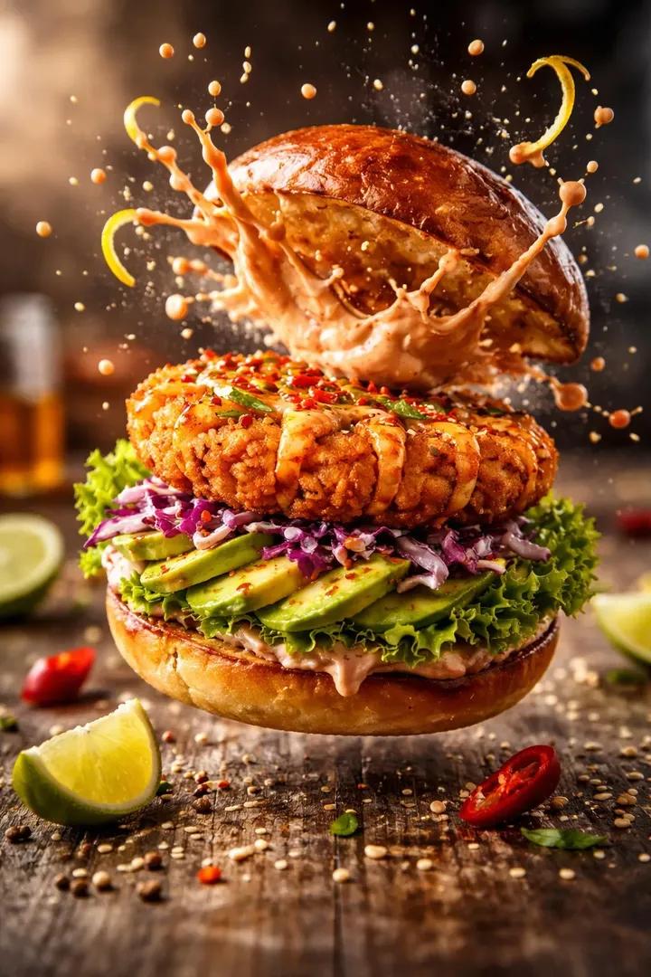 Cinematic Mid-Air Shrimp Burger Photo Prompt — example 1
