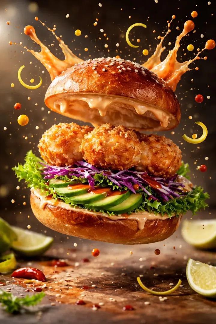 Cinematic Mid-Air Shrimp Burger Photo Prompt — example 2