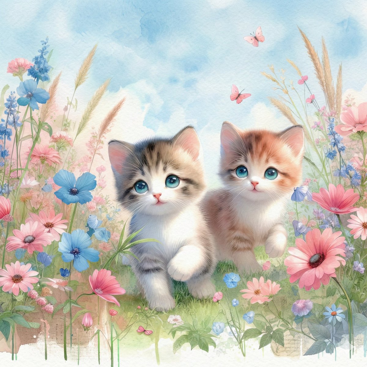 Watercolor Illustration of Kittens in a Garden — example 1