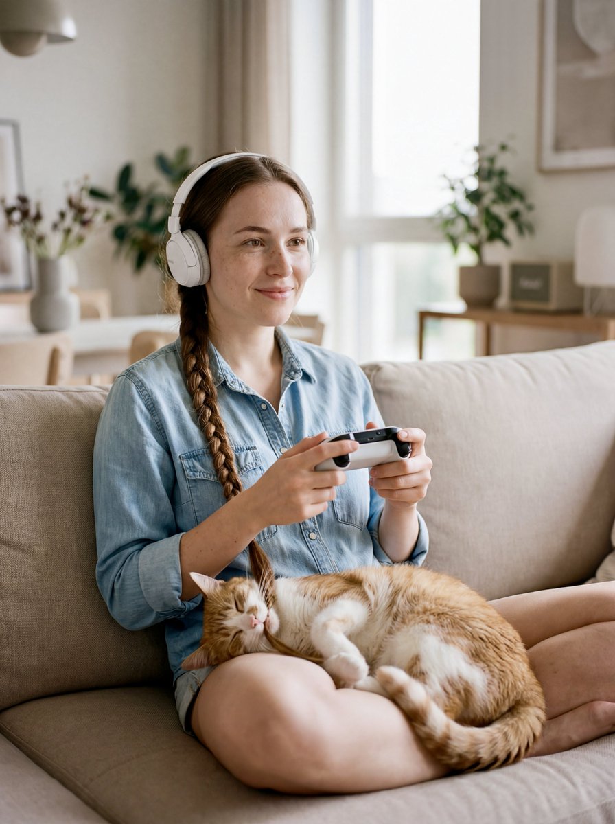 Editorial Portrait of Woman and Cat with Braid Interaction — example 1