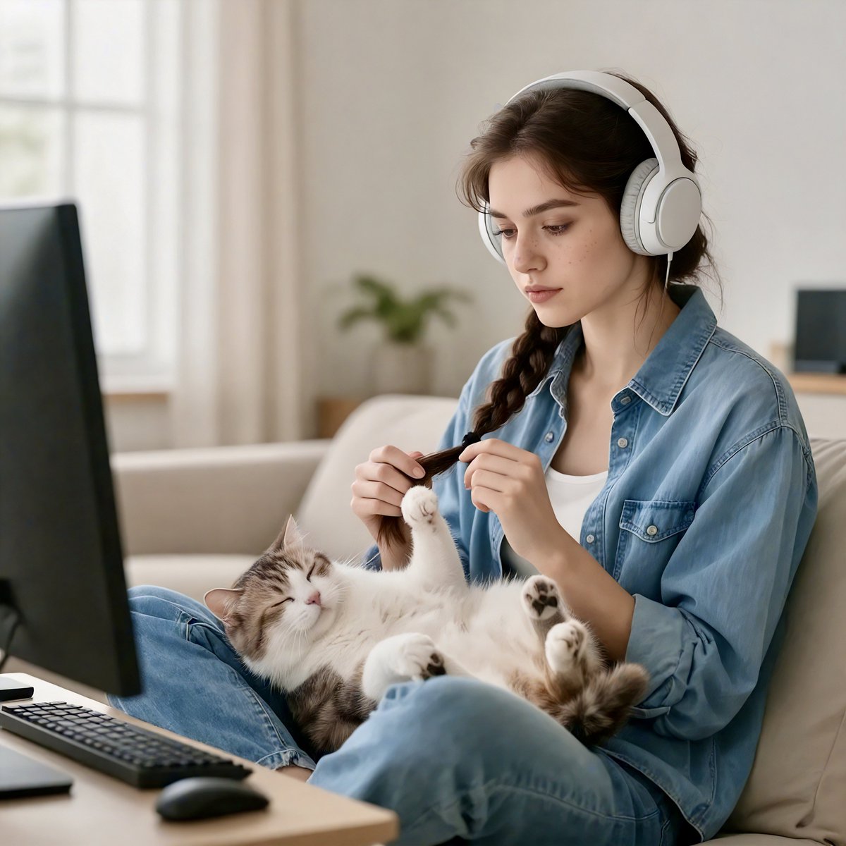 Editorial Portrait of Woman and Cat with Braid Interaction — example 2