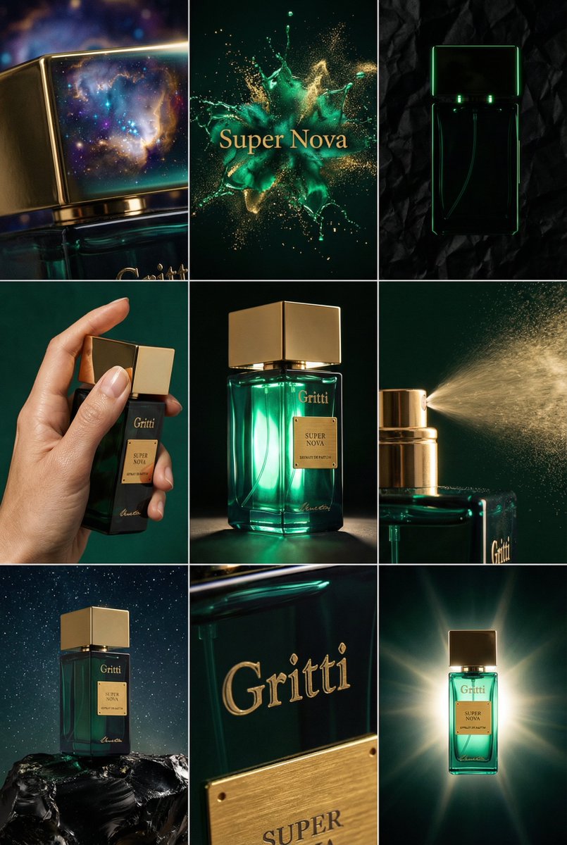 JSON Prompt for Cinematic Perfume Editorial Grid — example 1