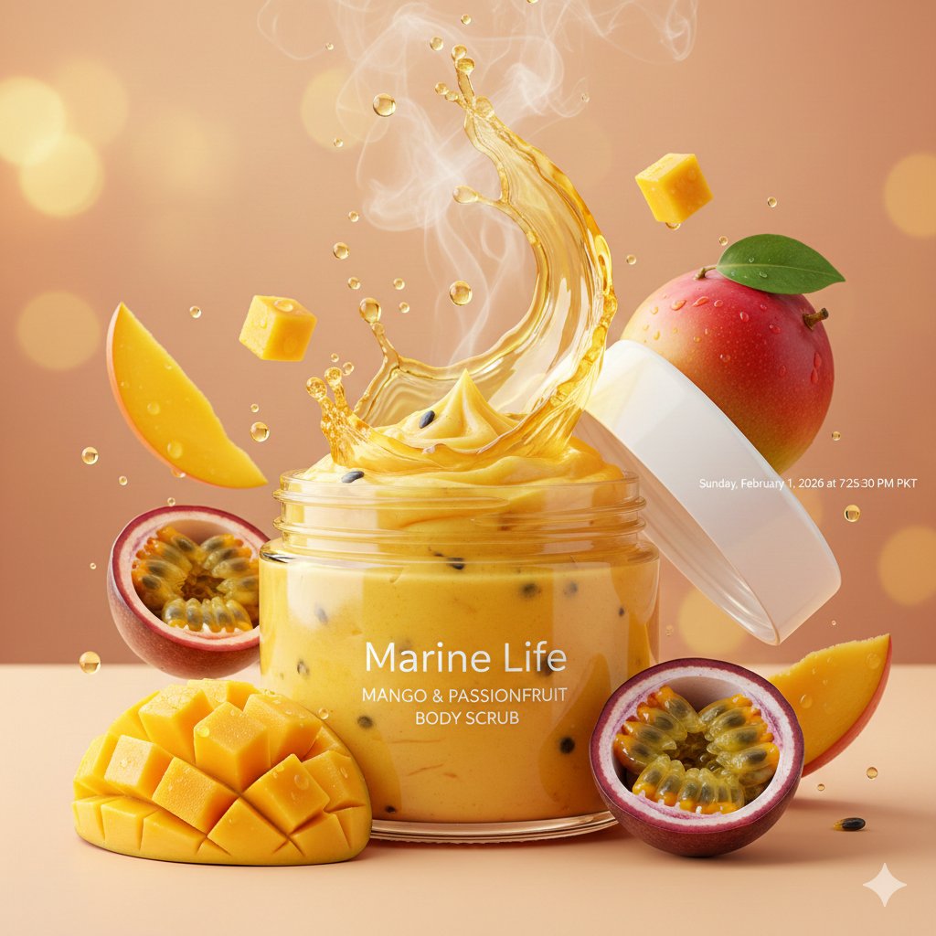 Luxury Mango Body Scrub Product Image and Video Prompts — example 1
