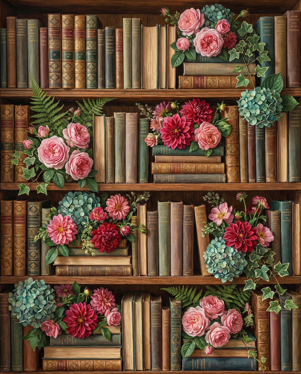 Overhead Shot of Bookshelves with Floral Arrangements — example 1