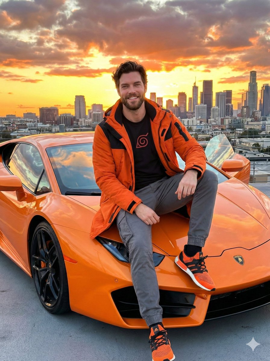 Streetwear Man on Lamborghini at Sunset — example 1