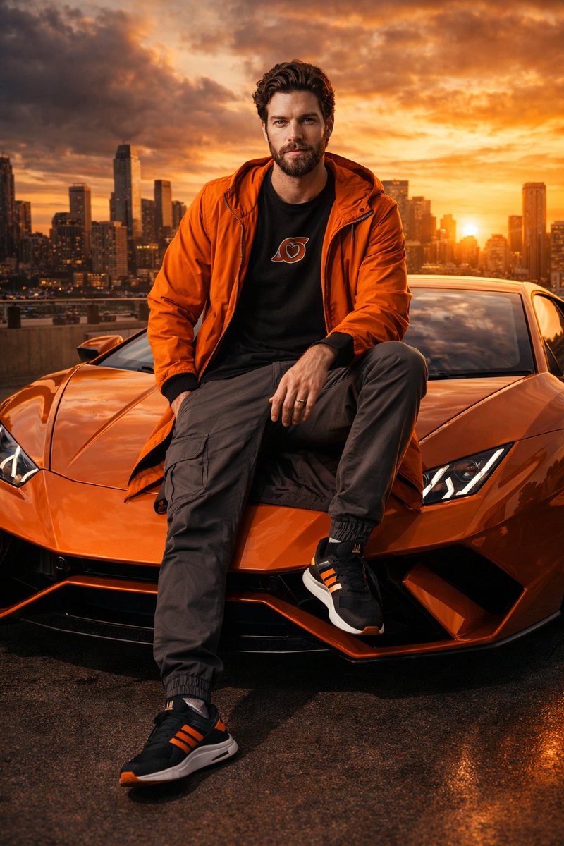 Streetwear Man on Lamborghini at Sunset — example 2