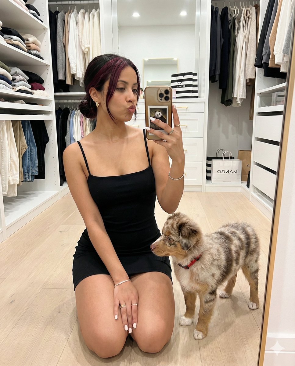 Luxury Closet Mirror Selfie with Dog and Reference Face — example 1