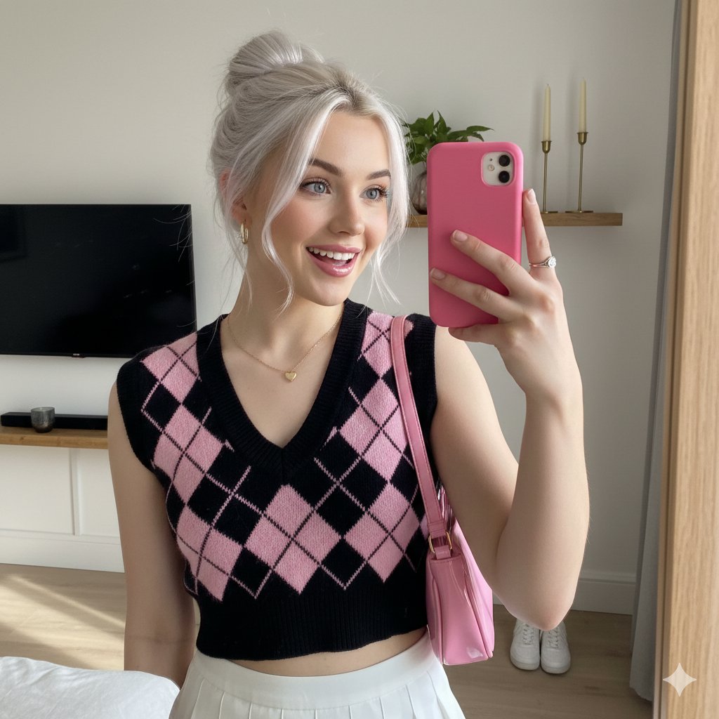 Cute Blonde Girl Mirror Selfie in Argyle Vest — example 1