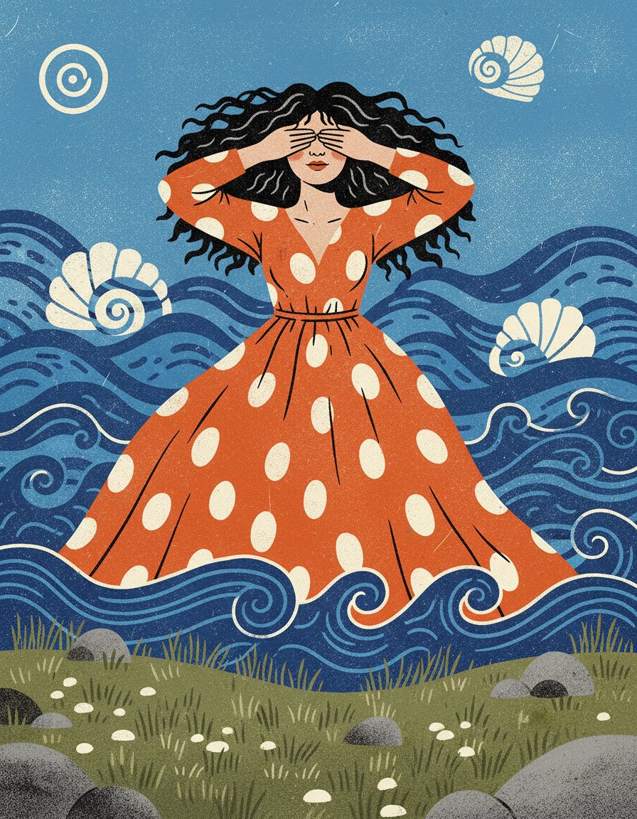 Stylized Screen Print Illustration of Woman in Sea — example 1