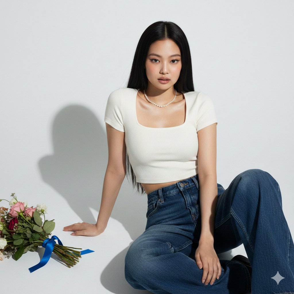 Hyper-realistic portrait of Jennie Kim in a minimalist studio setting — example 1