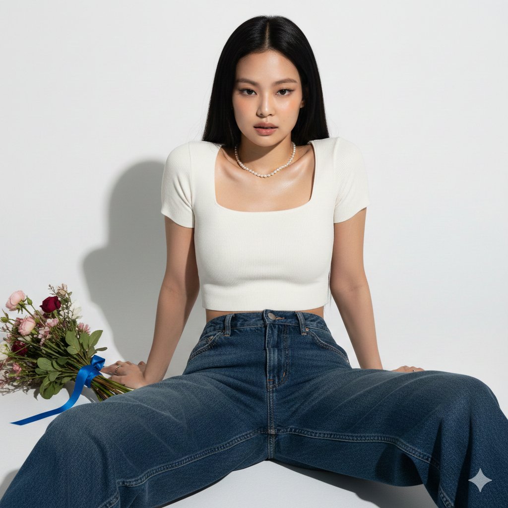 Hyper-realistic portrait of Jennie Kim in a minimalist studio setting — example 2