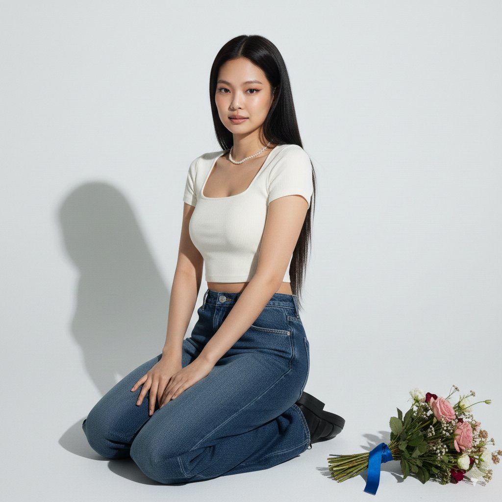 Hyper-realistic portrait of Jennie Kim in a minimalist studio setting — example 3