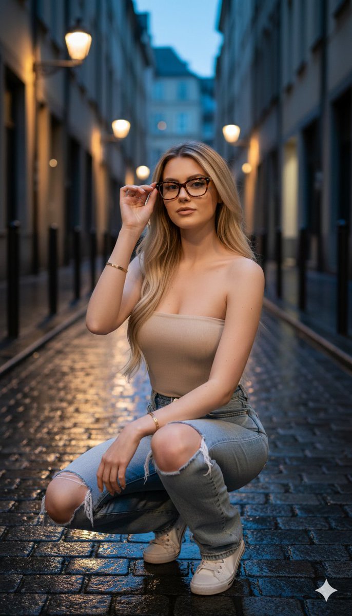 Hyper-realistic twilight portrait in a European alleyway — example 1