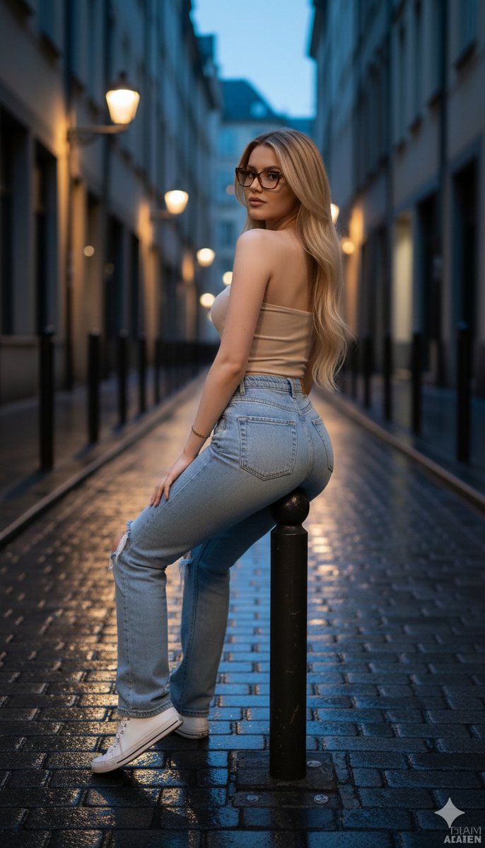 Hyper-realistic twilight portrait in a European alleyway — example 2