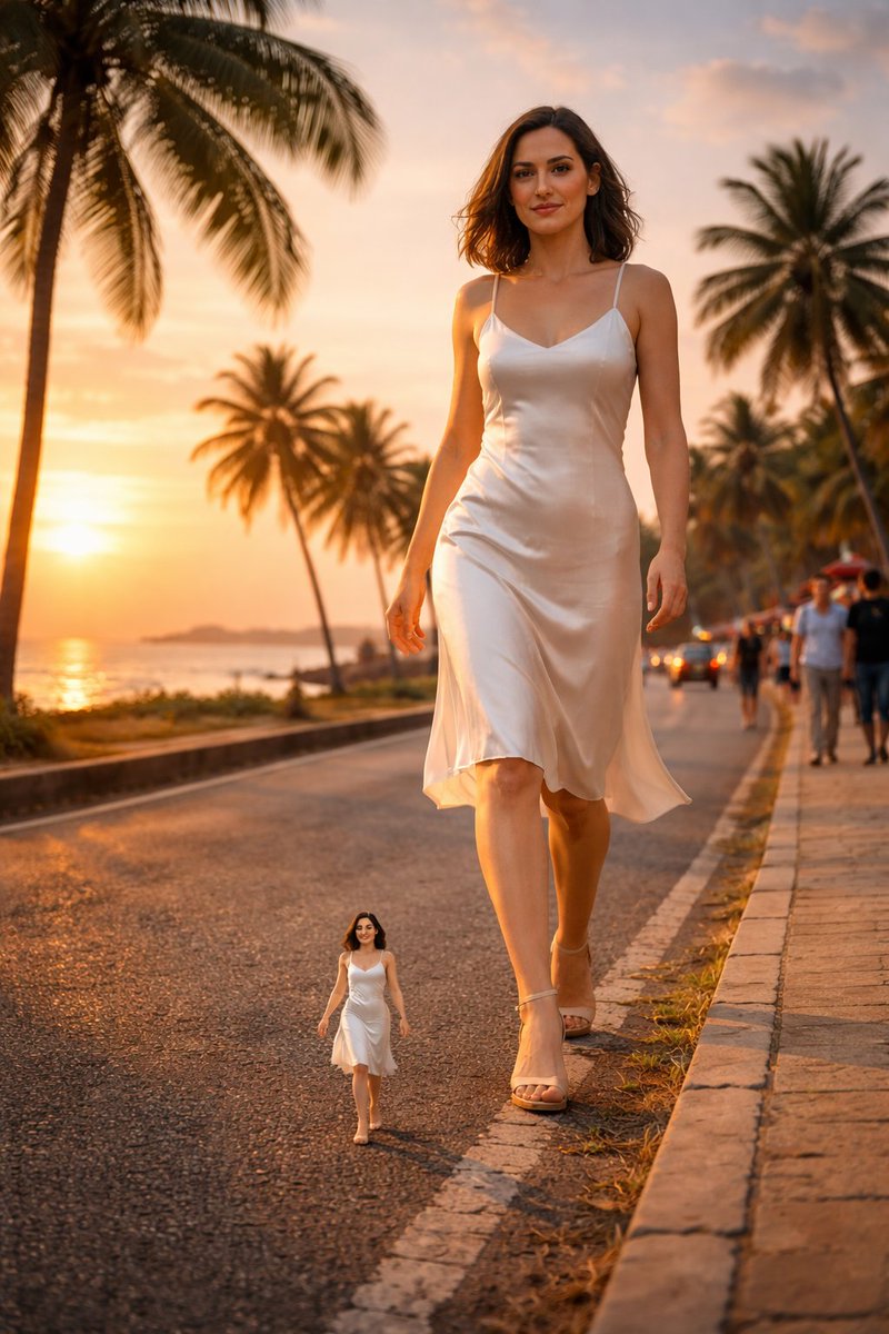 Surreal cinematic street photography with scale contrast — example 1