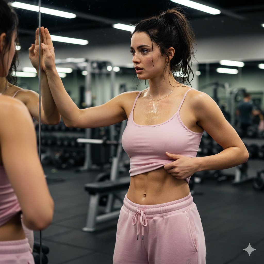 Hyper-realistic gym portrait with intense sweat and skin detail — example 1