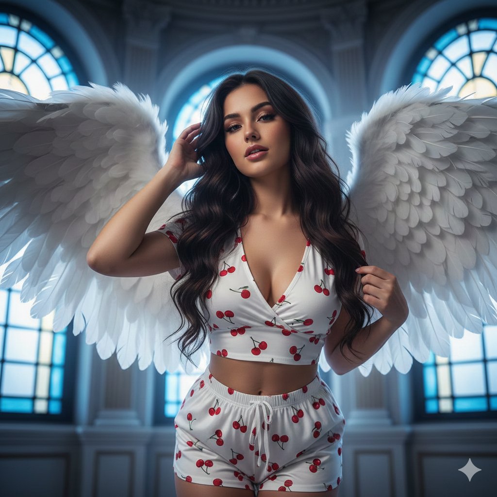 Flirtatious angel warrior portrait with low-angle framing — example 1