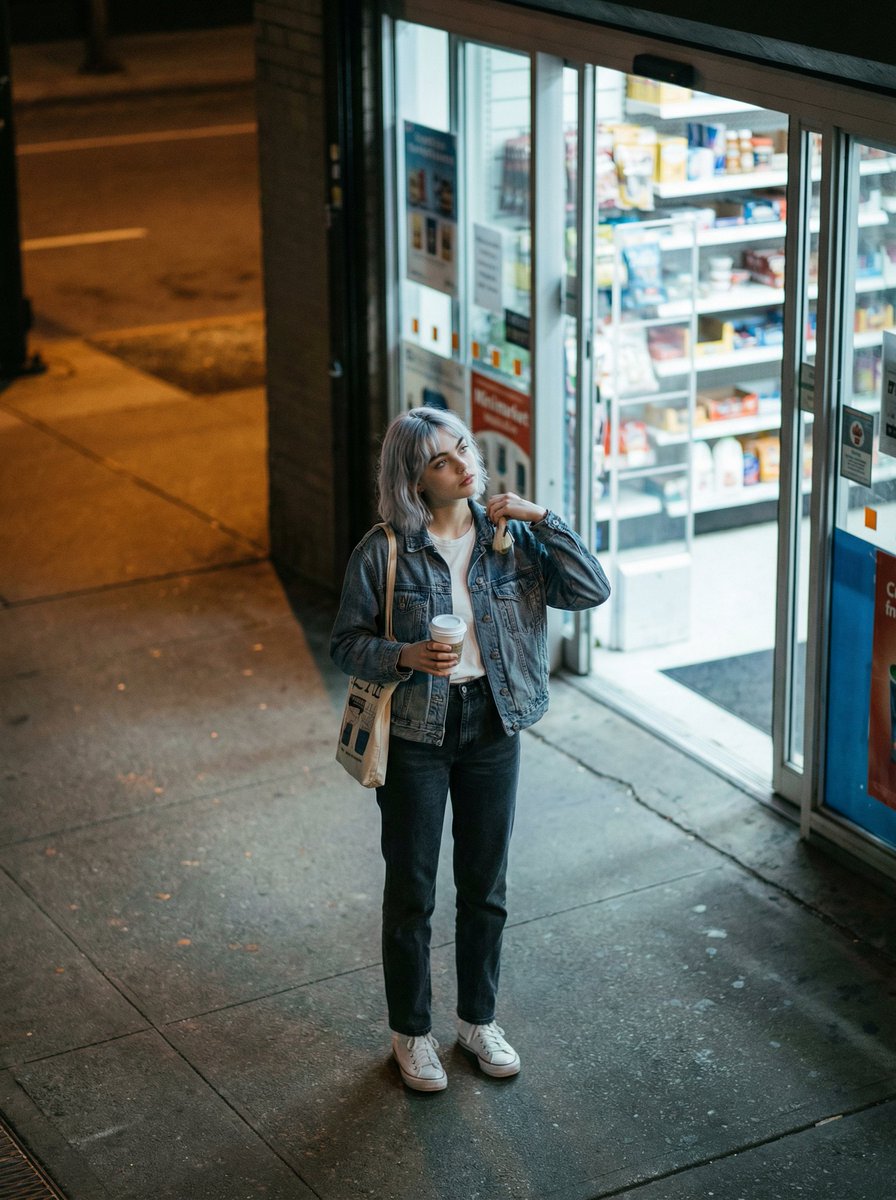 Candid night street fashion photograph with film aesthetic — example 1
