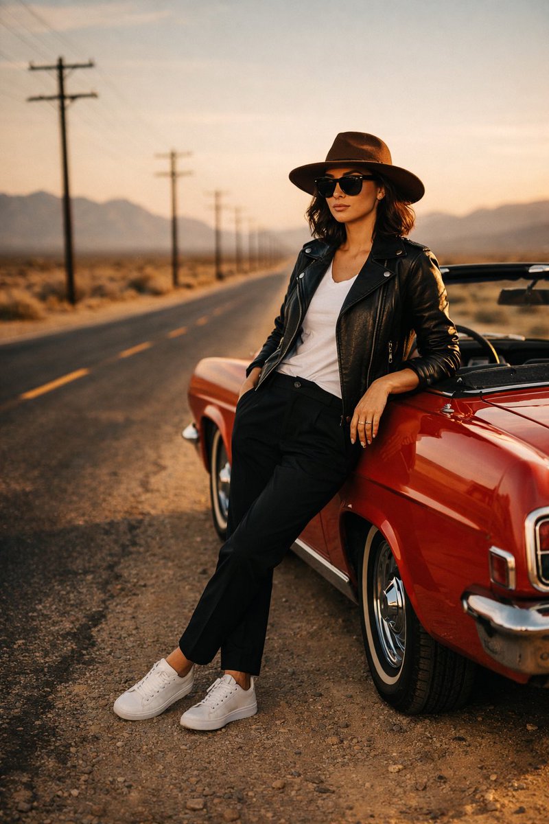 Cinematic Desert Highway Fashion Portrait — example 1