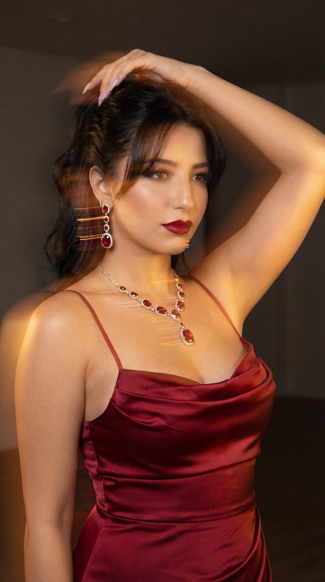 Cinematic Fashion Portrait in Deep Red Satin — example 1