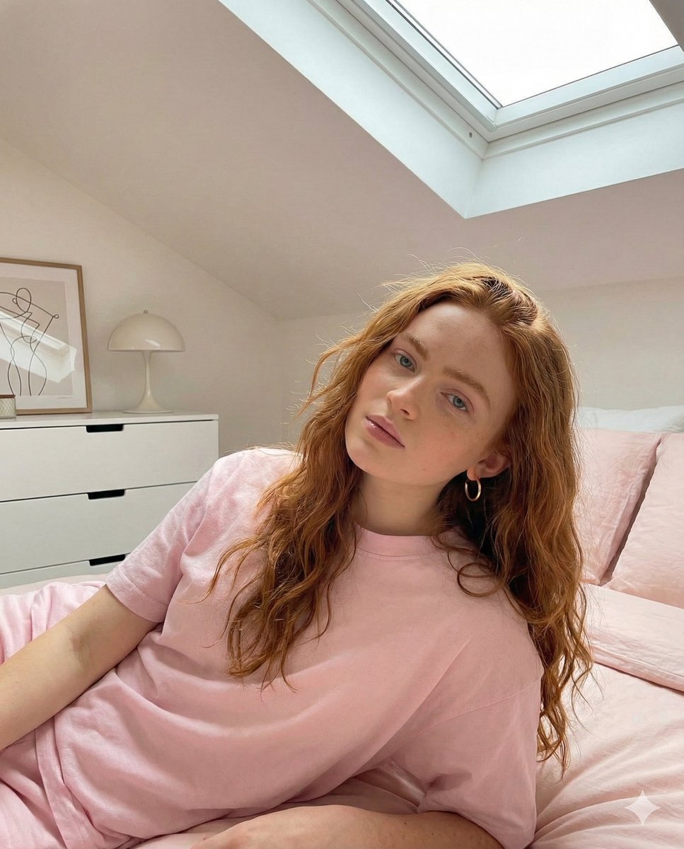 Bold Pink Statement Fashion Editorial Portrait (Sadie Sink) — example 1