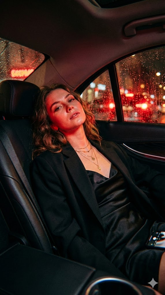 Cinematic Noir Taxi Backseat Portrait — example 1