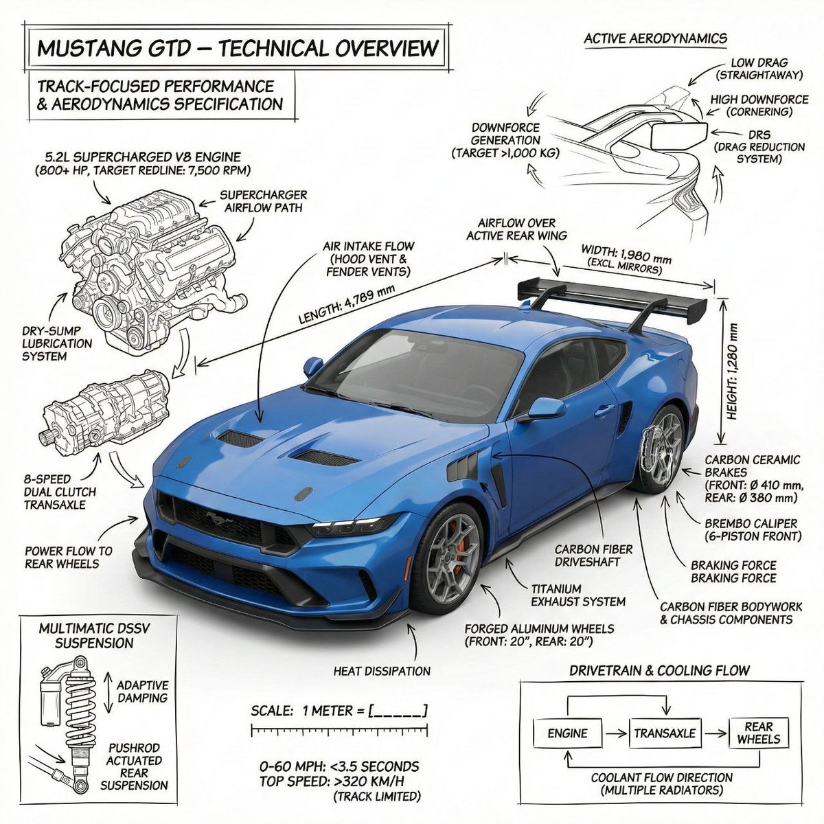 Infographic image of Mustang GTD with technical annotations — example 1