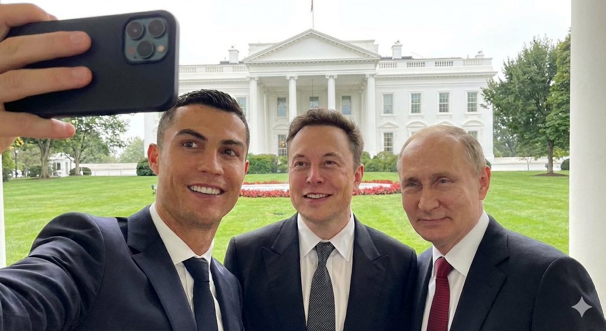 Ronaldo selfie with Musk and Putin — example 1