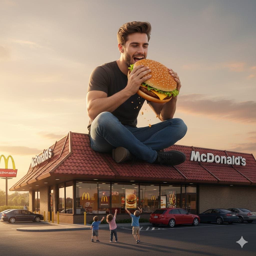 Surreal advertising scene of a giant man eating a cheeseburger — example 1