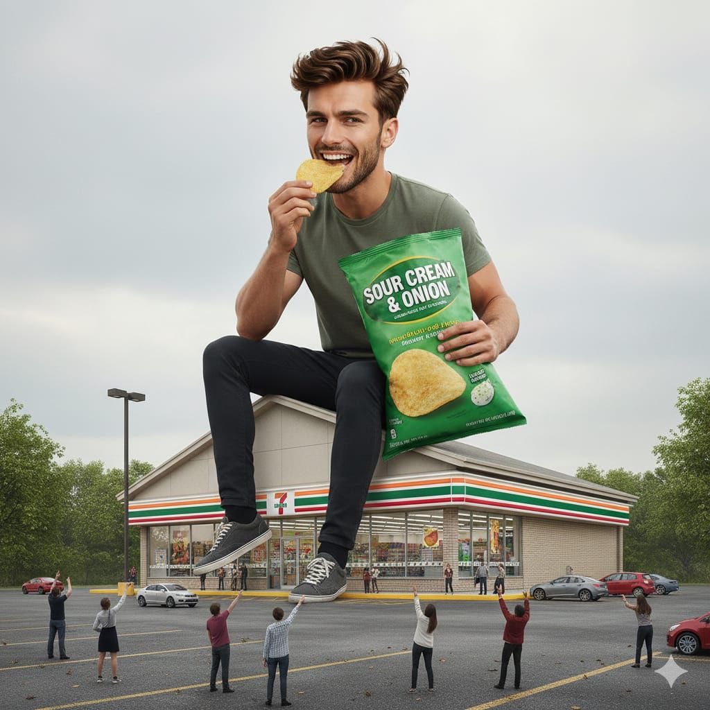 Surreal advertising scene of a giant man eating a cheeseburger — example 2