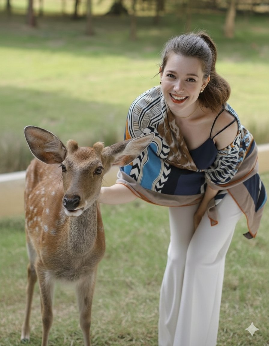 Photorealistic portrait of a woman feeding a fallow deer — example 1