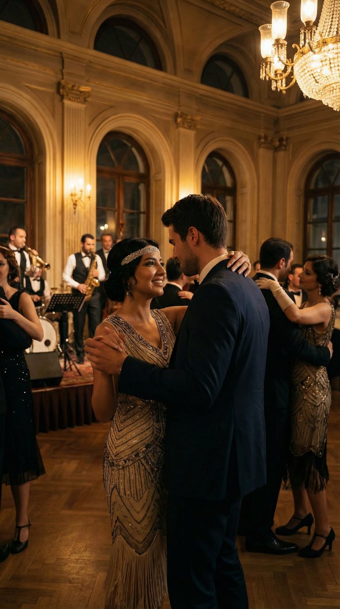 Historical romantic editorial of a couple dancing in 1920s Istanbul — example 1