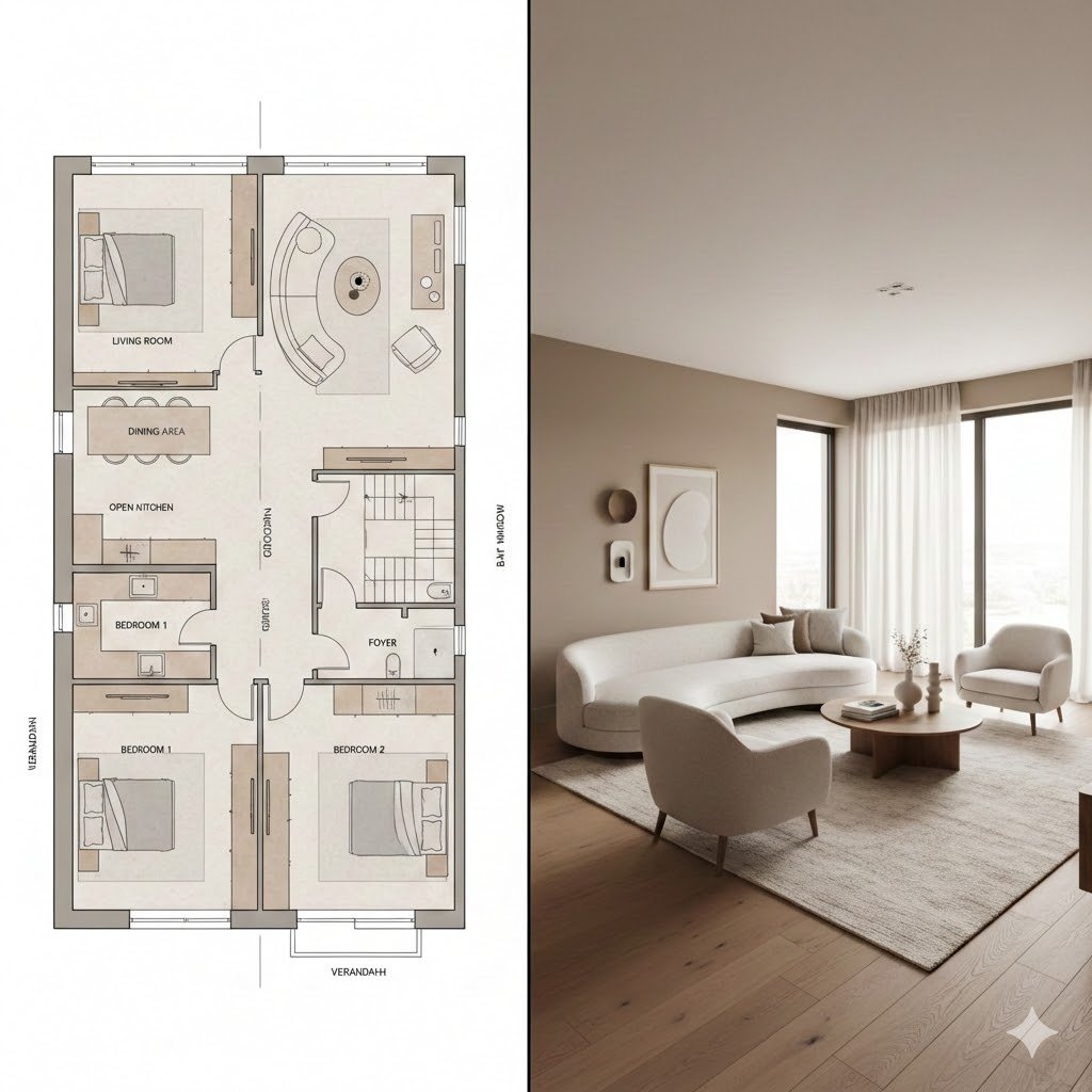 Prompt for Generating Architectural Floor Plan and Photorealistic Interior Comparison — example 1