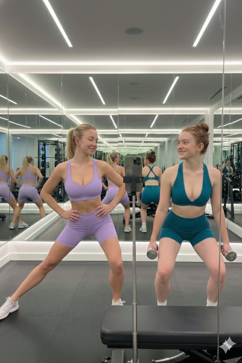 Mirror Selfie of Sydney Sweeney and Sadie Sink in a Gym — example 1