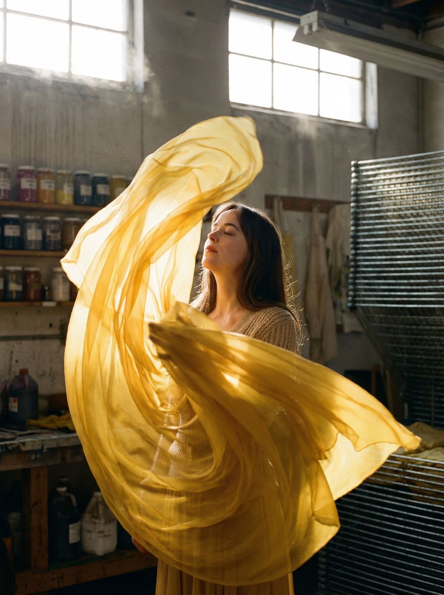 Surreal Fashion Portrait in a Textile Dye Workshop — example 1