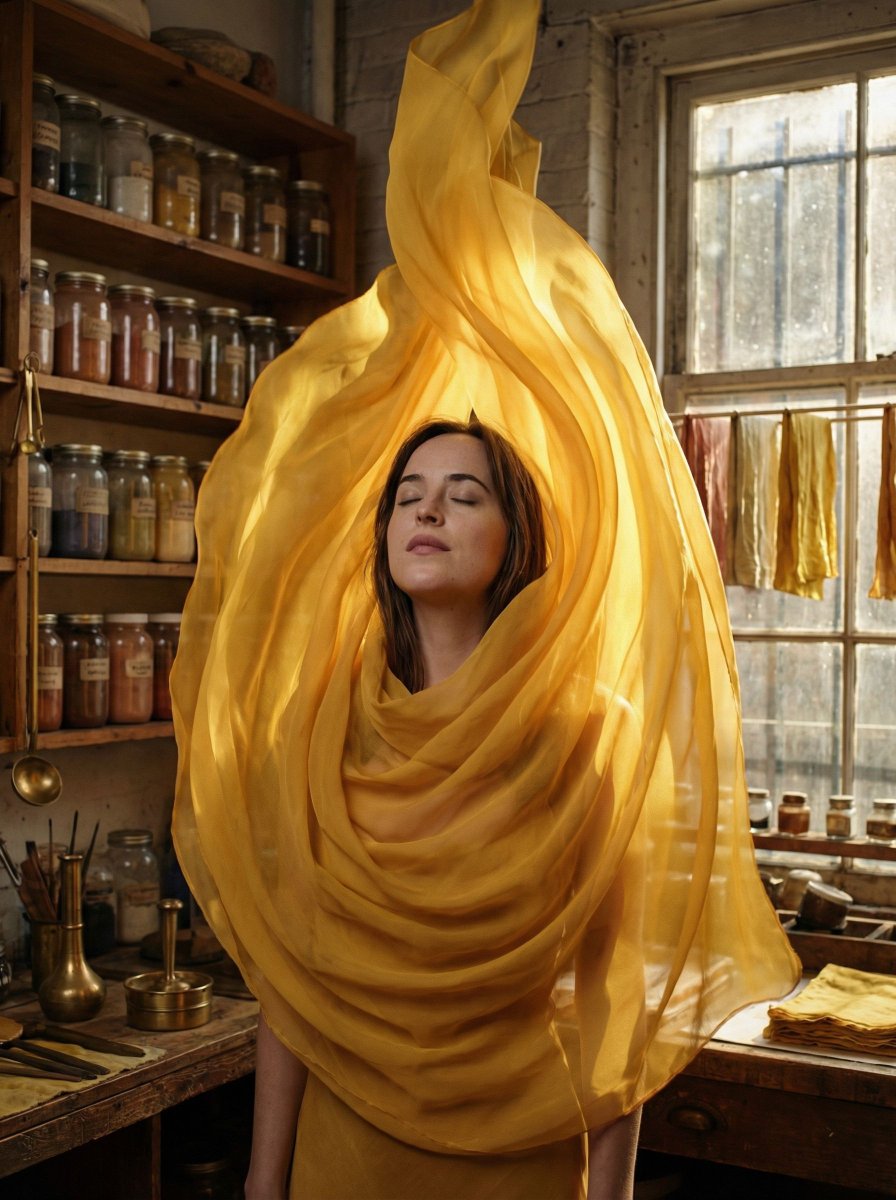 Surreal Fashion Portrait in a Textile Dye Workshop — example 2