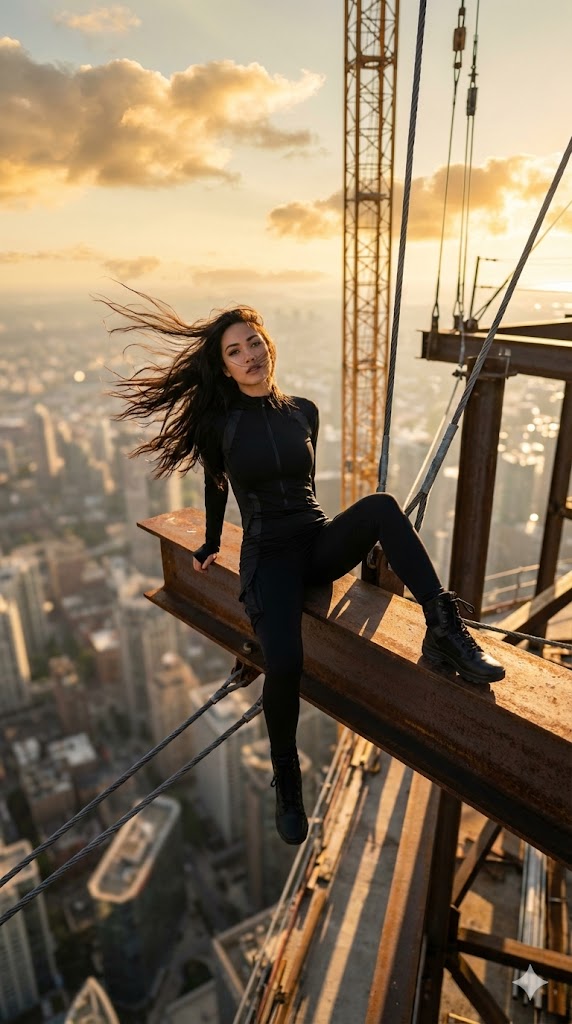 Extreme Height Urban Exploration Portrait at Sunset — example 1