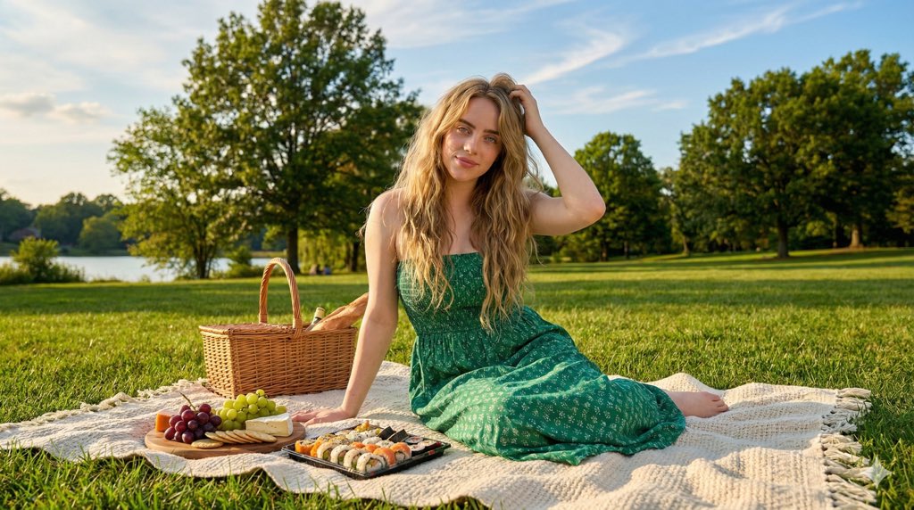 8K Lifestyle Portrait of Billie Eilish on Picnic Blanket — example 2