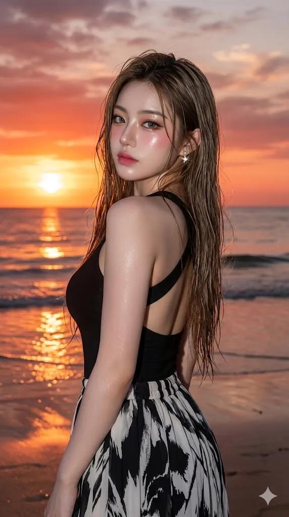 Golden Hour Beach Portrait with Glass Skin Effect — example 1