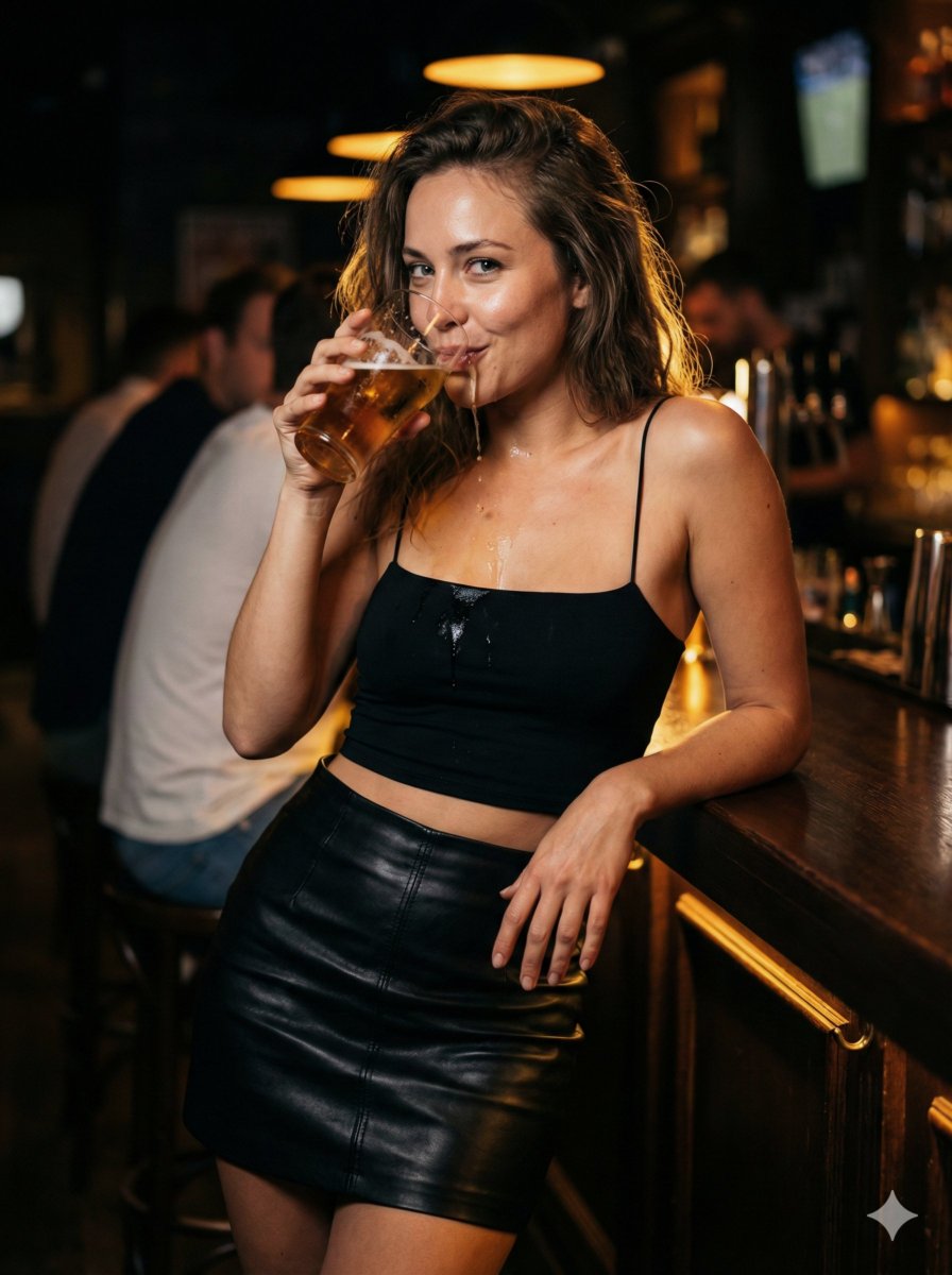 Ultra-Photorealistic Nightlife Portrait with Spilled Beer — example 1